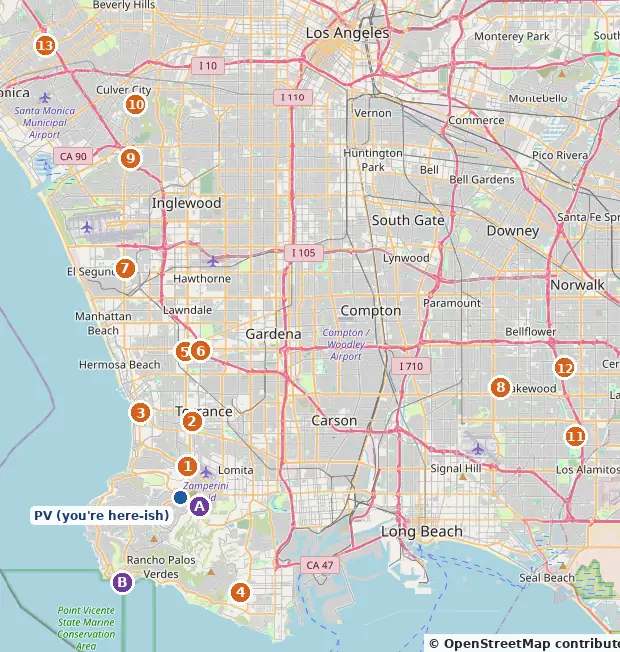 Map of 13 pumpkin patches on and near the Palos Verdes Peninsula; numbered list below.
