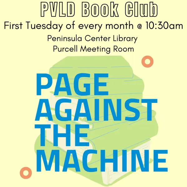 Event flyer: PVLD Book Club: Page Against the Machine, November 3, 2026, 10:30 a.m.–noon, Peninsula Center Library, 701 Silver Spur Road, Rolling Hills Estates