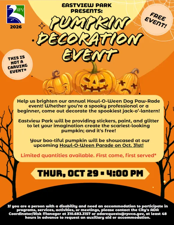 Event flyer: Pumpkin Decorating Event 2026, October 29, 2026, 4–6 p.m., Eastview Park, 1700 Westmont Dr, Rancho Palos Verdes